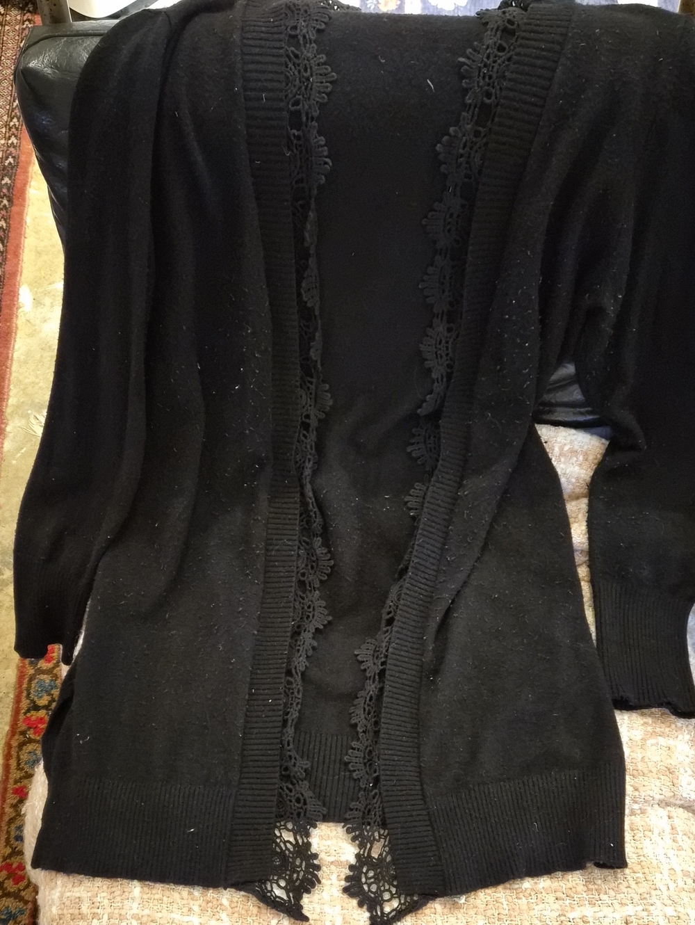 Laundry By Shelli Segal Black Open-Front Cardigan with Crochet Trim